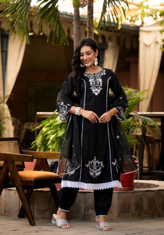 Varanga Ethnic Motif Thread Embroidered A-Line Kurta Lace Detailing With Afghani Bottom & Dupatta