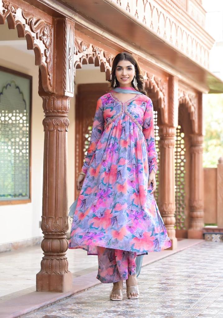 Women Multicolor Rayon Alia Cut Botanical Printed & Embroidered Rayon Kurta with Pant & dupatta