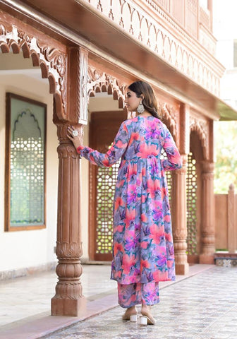 Varanga Multi Color Floral Printed Mirror Embroidered Alia-Cut A-Line Kurta Set With Chiffon Dupatta