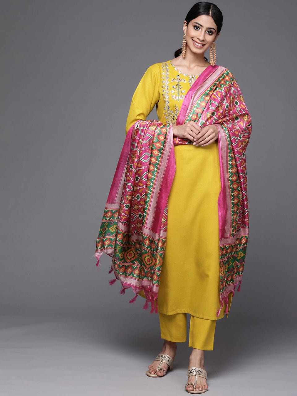 Mustard Pant Style Suit With Contrast Dupatta