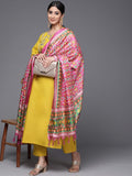 Varanga Women Mustard Yellow Yoke Design Mirror Work Cotton Kurta with Trousers & Dupatta