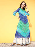 Varanga Women Blue And Sea Green Bandhej Foil Printed Kurta With Gota Fan Embellishment On Yoke