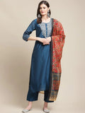 varanga women blue ethnic motifs embroidered chanderi silk kurta with trousers dupatta