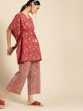 Red & Teal Green Pure Cotton Printed Tunic with Palazzos